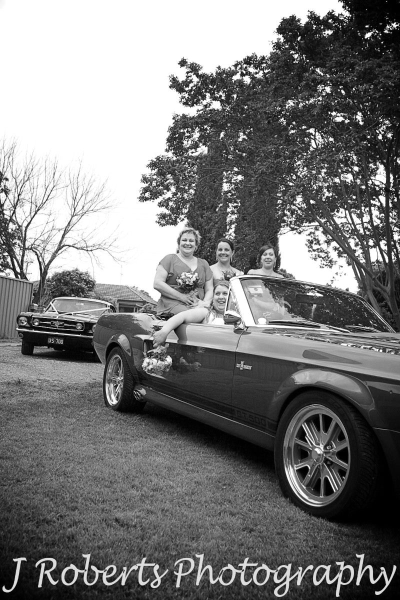Bride and bridesmaids in Ford GT 500 Mustang - wedding photography sydney